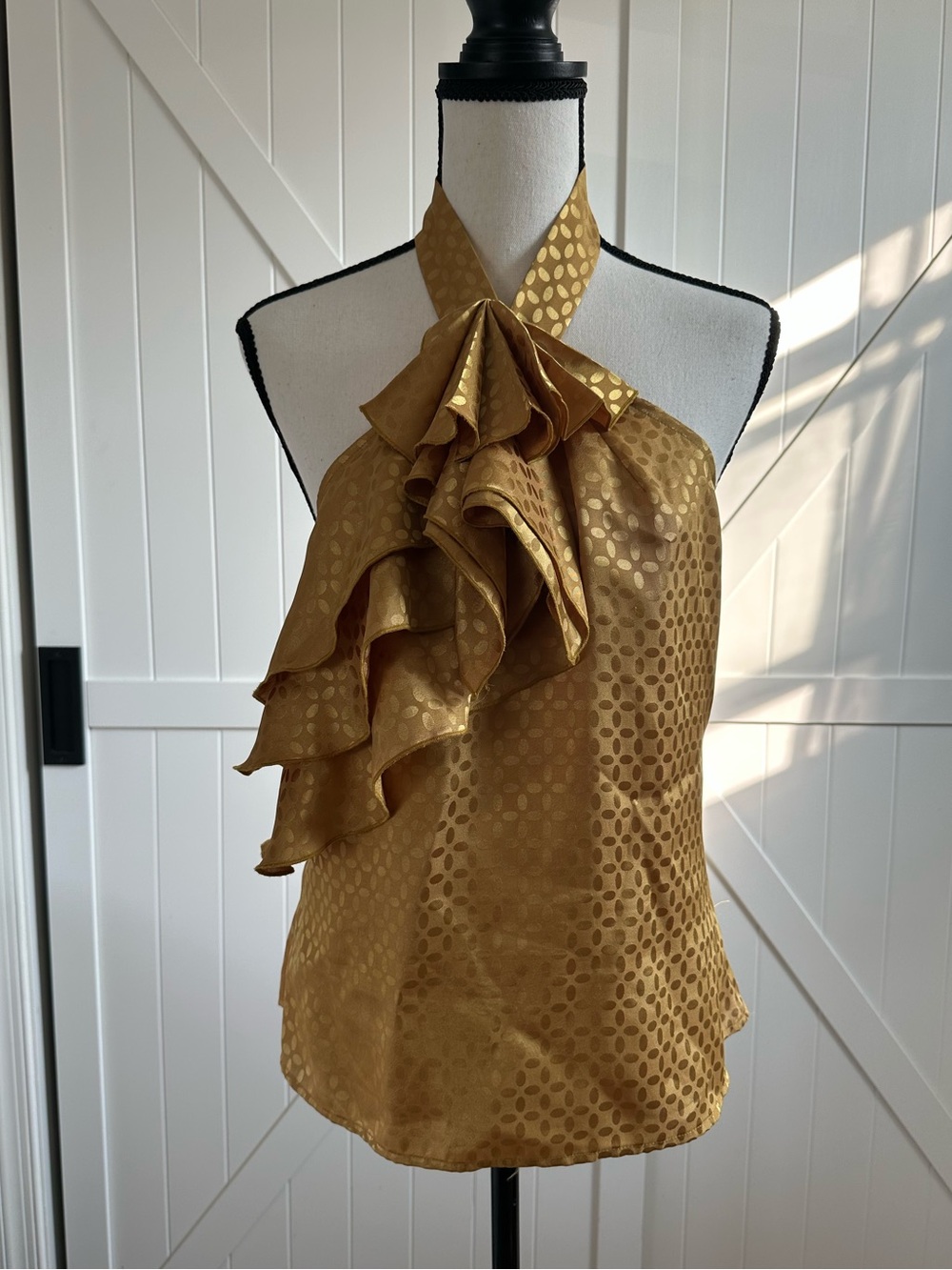 The Limited Gold Satin Jacquard Ruffle Halter Top Women’s Medium